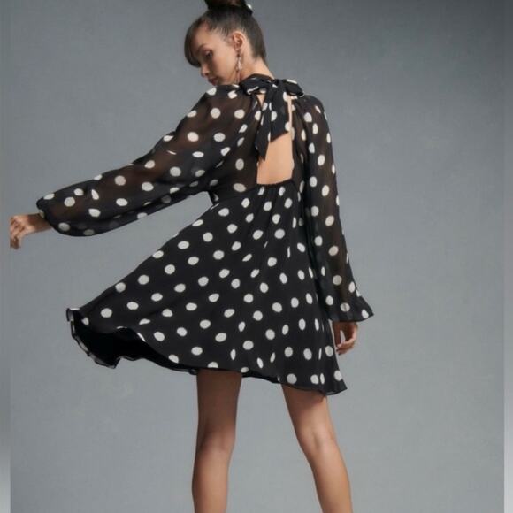 Anthropologie Maeve black white polka dot dress open back sheer sleeves sz xs - Picture 2 of 13